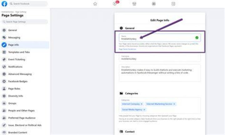 Where to change facebook page name?